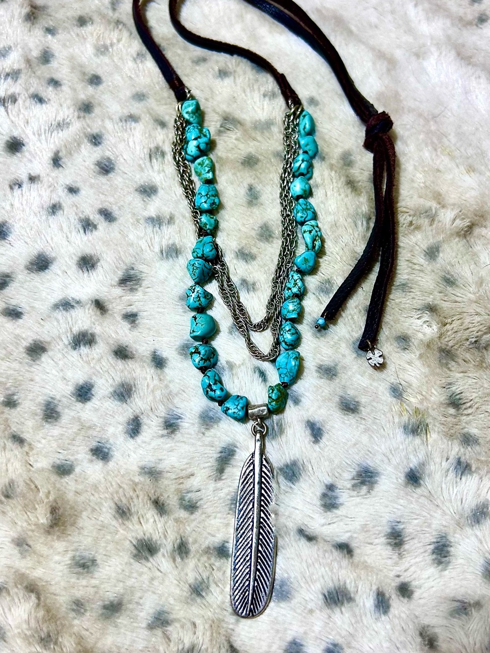 Boho Necklace Western Leather Layered Turquoise Feather Pendant Women Jewelry - Picture 4 of 12